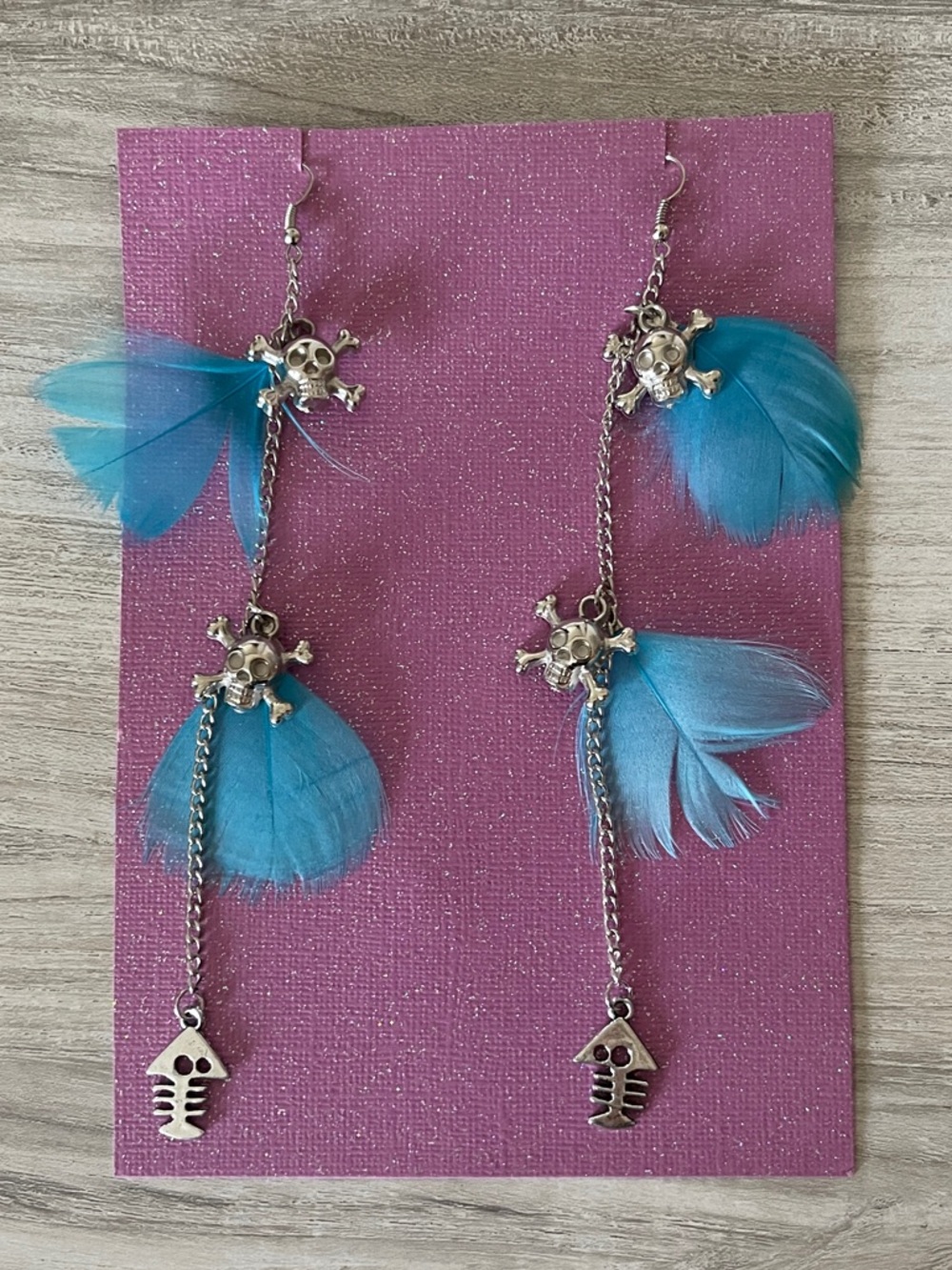 Light Blue Feather Skull and Fish Skeleton Earrings